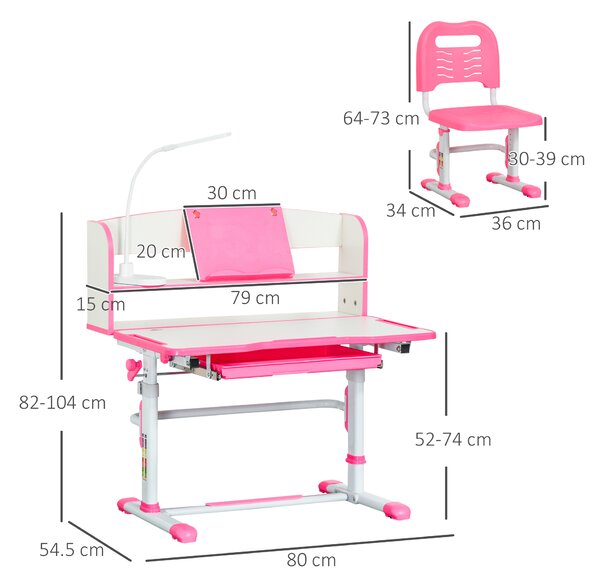 HOMCOM Birou Copii 6-12 Ani, Reglabile pe Înălțime cu Blat Înclinabil la 45°, cu Bancă și Scaun, 80x54,5x82-104 cm, Roz | Aosom Romania