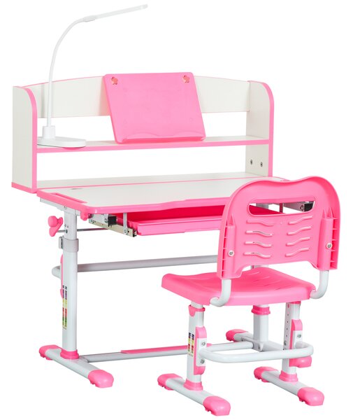 HOMCOM Birou Copii 6-12 Ani, Reglabile pe Înălțime cu Blat Înclinabil la 45°, cu Bancă și Scaun, 80x54,5x82-104 cm, Roz | Aosom Romania