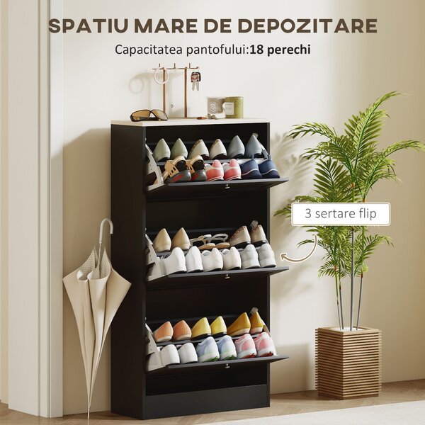 HOMCOM Dulap Îngust pentru Pantofi cu 3 Sertare și Rafturi Reglabile pe 2 Niveluri, 60x23,5x115 cm, Negru | Aosom Romania
