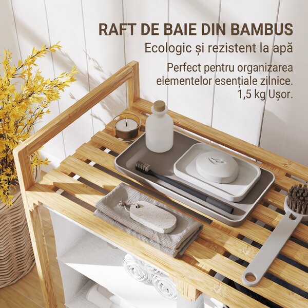 HOMCOM Coș pentru Rufe cu 2 Saci Detașabili, Dulap pentru Rufe de Baie cu Mânere și Raft din Bambus, 70x36x70 cm, Alb | Aosom Romania