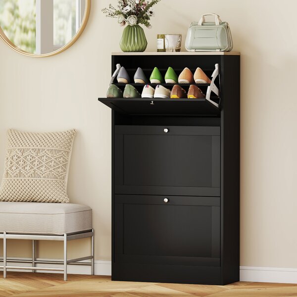 HOMCOM Dulap Îngust pentru Pantofi cu 3 Sertare și Rafturi Reglabile pe 2 Niveluri, 60x23,5x115 cm, Negru | Aosom Romania
