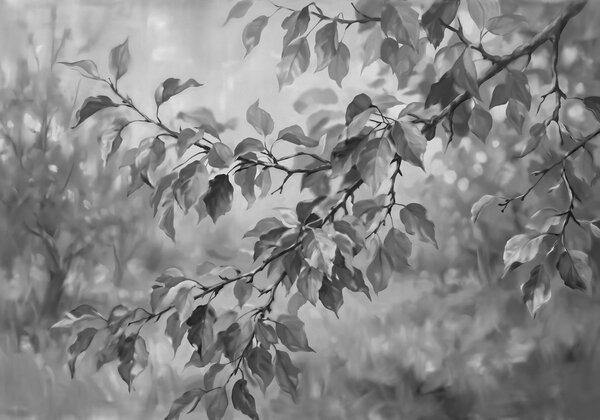 Fototapet Imagine alb-negru cu o ramură de copac cu frunze, Fototapet natură, Fototapet populare, t00943v2 - Tapeko.ro