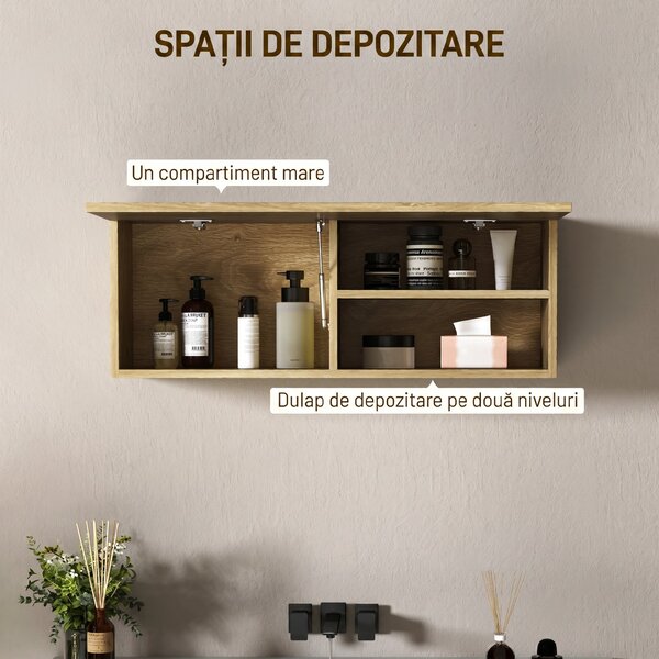 HOMCOM Dulap de Baie Suspendat cu Ușă Rabatabilă și Rafturi din Lemn, 80x25x30 cm, Natural | Aosom Romania