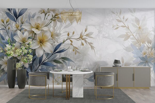 Tapet Buchet floral alb, bej și albastru cu frunze delicate pe un fundal blând, neclar, Fototapet Flori, w08314 : Uwalls.ro