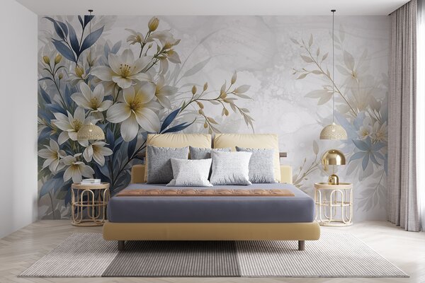 Tapet Buchet floral alb, bej și albastru cu frunze delicate pe un fundal blând, neclar, Fototapet Flori, w08314 : Uwalls.ro