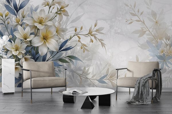 Tapet Buchet floral alb, bej și albastru cu frunze delicate pe un fundal blând, neclar, Fototapet Flori, w08314 : Uwalls.ro