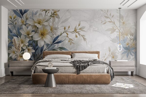 Tapet Buchet floral alb, bej și albastru cu frunze delicate pe un fundal blând, neclar, Fototapet Flori, w08314 : Uwalls.ro