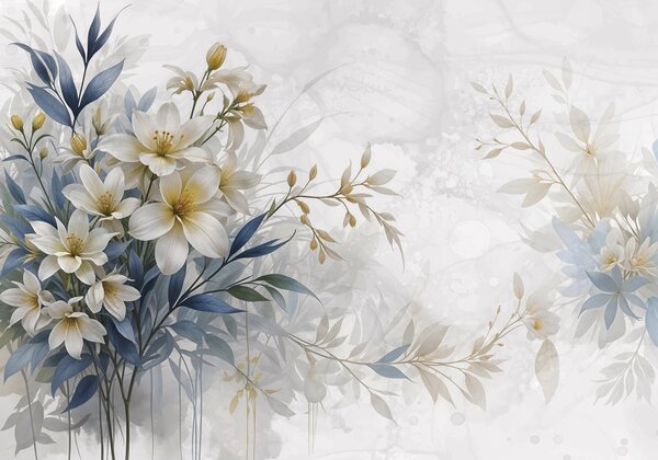 Tapet Buchet floral alb, bej și albastru cu frunze delicate pe un fundal blând, neclar, Fototapet Flori, w08314 : Uwalls.ro