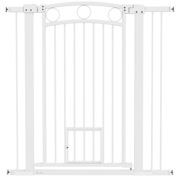 PawHut Barieră de Siguranță Interioară pentru Câini cu 2 Extensii și Ușă pentru Pisici, 76-104x77 cm, Alb | Aosom Romania