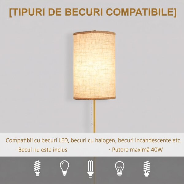 HOMCOM Lampadar cu Abajur din In și Dulie E27, In și Oțel, 25,5x25,5x157 cm, Auriu | Aosom Romania