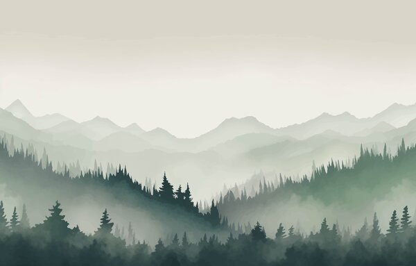 Fototapet Foggy peisaj montan cu copaci și munți, Fototapet natură, Fototapet populare, w01747 - Tapeko.ro