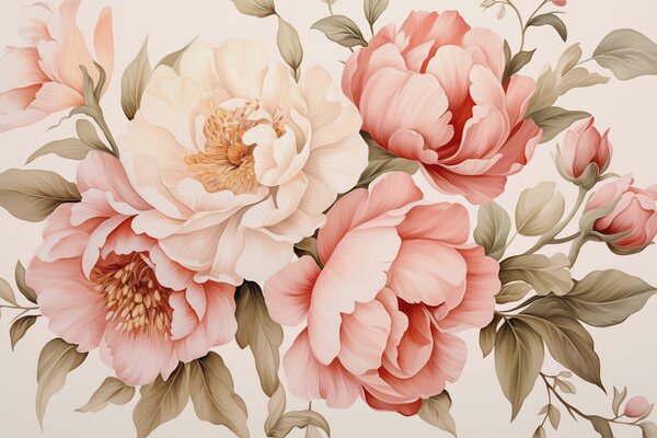 Tapet Delicate flori albe și roz în stil vintage, Fototapet Flori, w01734 : Uwalls.ro