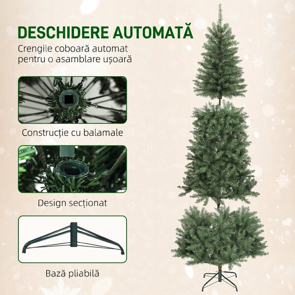 HOMCOM Pom de Crăciun Artificial de 210 cm cu Lumini Incorporate Albe și Colorate în 9 Moduri și 1273 Ramuri Ignifuge, Brad de Crăciun Realist și Des cu Bază Metalică Pliabilă pentru Acasă | Aosom Romania