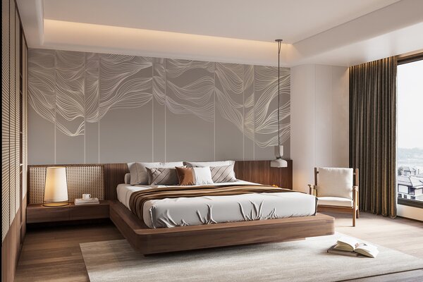 Tapet Curge alb linii abstracte valuri pe un fundal maro deschis, Fototapet Designer, w08263 : Uwalls.ro
