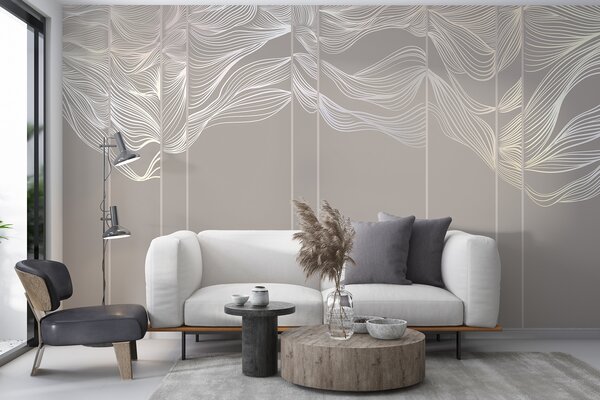 Tapet Curge alb linii abstracte valuri pe un fundal maro deschis, Fototapet Designer, w08263 : Uwalls.ro