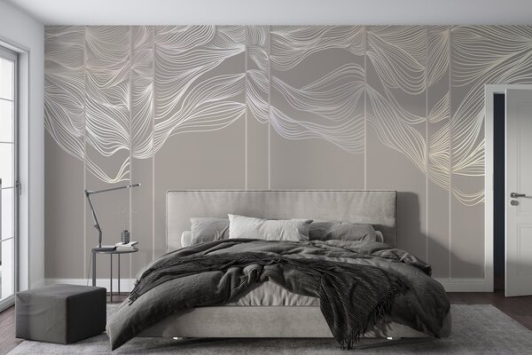 Tapet Curge alb linii abstracte valuri pe un fundal maro deschis, Fototapet Designer, w08263 : Uwalls.ro