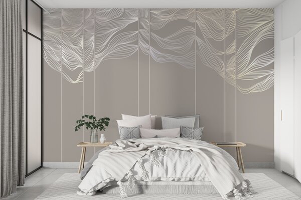 Tapet Curge alb linii abstracte valuri pe un fundal maro deschis, Fototapet Designer, w08263 : Uwalls.ro
