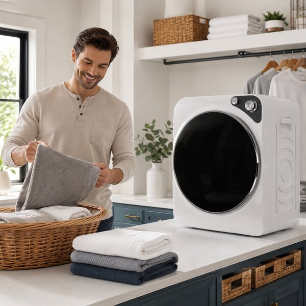 HOMCOM Mini uscător portabil 5 kg, 5 programe, 1000W, până la 60℃, timer, tambur din oțel inoxidabil, pentru casă, Alb | Aosom Romania