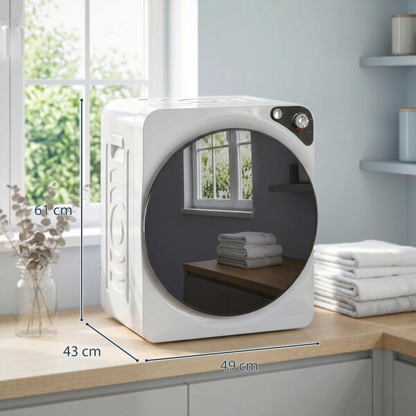 HOMCOM Mini uscător portabil 5 kg, 5 programe, 1000W, până la 60℃, timer, tambur din oțel inoxidabil, pentru casă, Alb | Aosom Romania