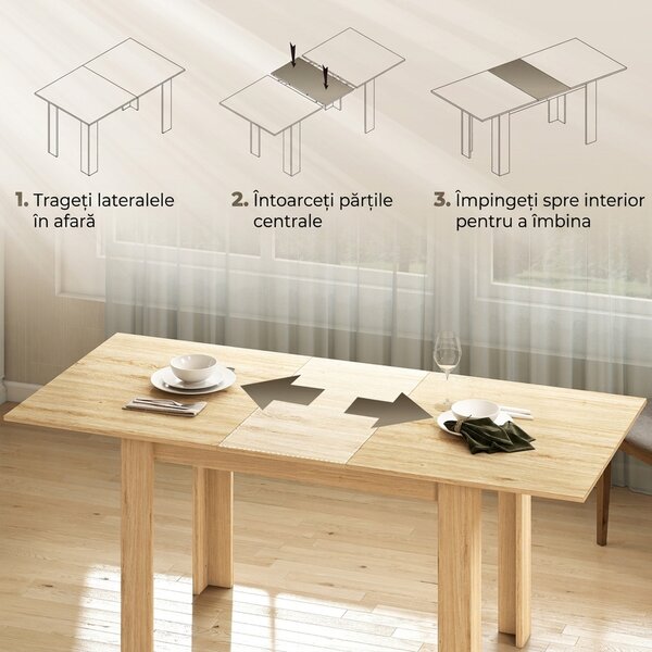 HOMCOM Masa extensibilă, 140-180 cm, finisaj lemn natural, pentru 6-8 persoane | Aosom Romania