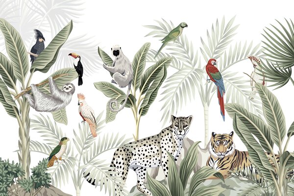 Fototapet Creaturile din jungla tropicală se adună împreună, Fototapet natură, Fototapet populare, w04268 - Tapeko.ro