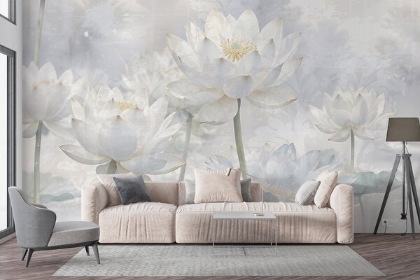 Tapet Flori albe de lotus într-un fundal cețos, eteric abstract pastel peisaj, Fototapet Acuarelă, w08328 : Uwalls.ro
