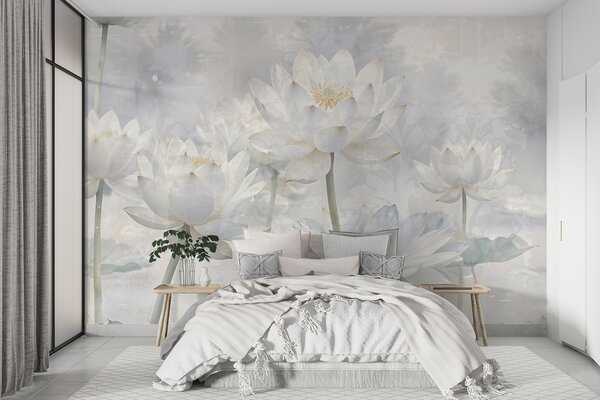Tapet Flori albe de lotus într-un fundal cețos, eteric abstract pastel peisaj, Fototapet Acuarelă, w08328 : Uwalls.ro