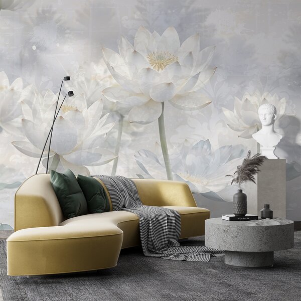 Tapet Flori albe de lotus într-un fundal cețos, eteric abstract pastel peisaj, Fototapet Acuarelă, w08328 : Uwalls.ro