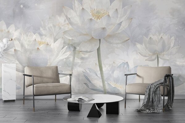 Tapet Flori albe de lotus într-un fundal cețos, eteric abstract pastel peisaj, Fototapet Acuarelă, w08328 : Uwalls.ro
