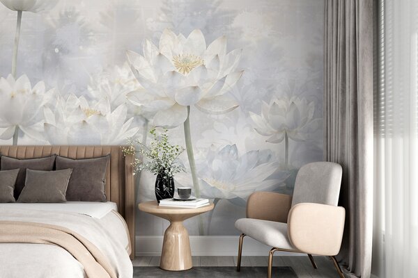 Tapet Flori albe de lotus într-un fundal cețos, eteric abstract pastel peisaj, Fototapet Acuarelă, w08328 : Uwalls.ro
