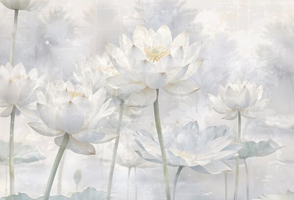 Tapet Flori albe de lotus într-un fundal cețos, eteric abstract pastel peisaj, Fototapet Acuarelă, w08328 : Uwalls.ro