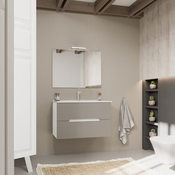 Mobilier De Baie, 80cm, Sertare Gri și Structură Alb Stejar | Magnolia