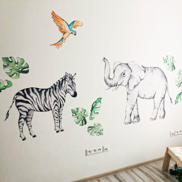 INSPIO-Autocolant textil - Autocolante pentru perete - Elefant și zebră din SAFARI