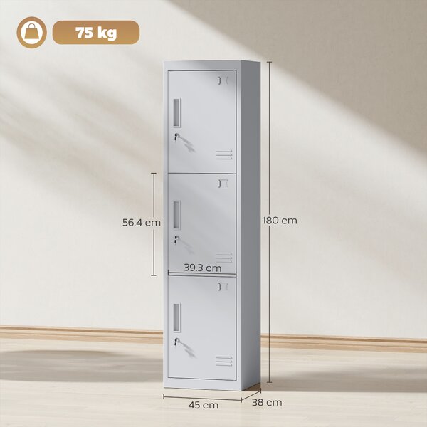 HOMCOM Dulap de birou din oțel cu 3 uși independente cu încuietoare și 2 chei, 45x38x180 cm, gri deschis | Aosom Romania