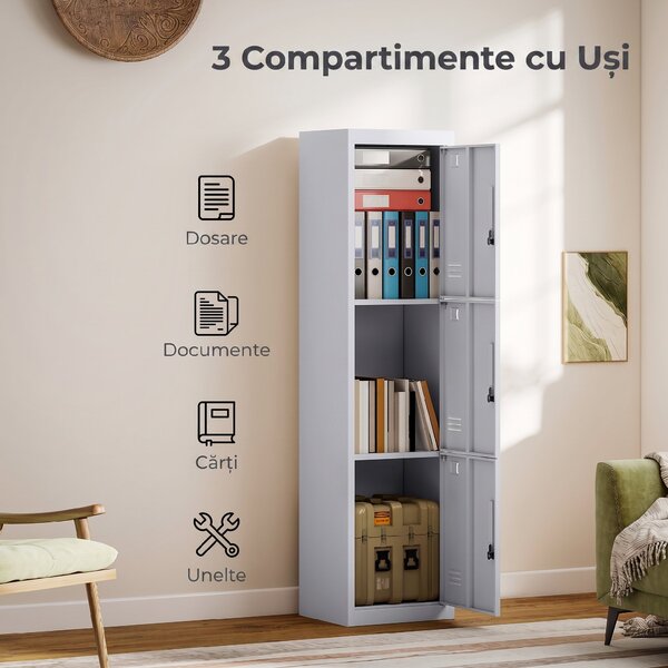 HOMCOM Dulap de birou din oțel cu 3 uși independente cu încuietoare și 2 chei, 45x38x180 cm, gri deschis | Aosom Romania