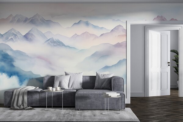 Tapet Ethereal munți peisaj, nori, acuarelă, Fototapet Acuarelă, w01791 : Uwalls.ro