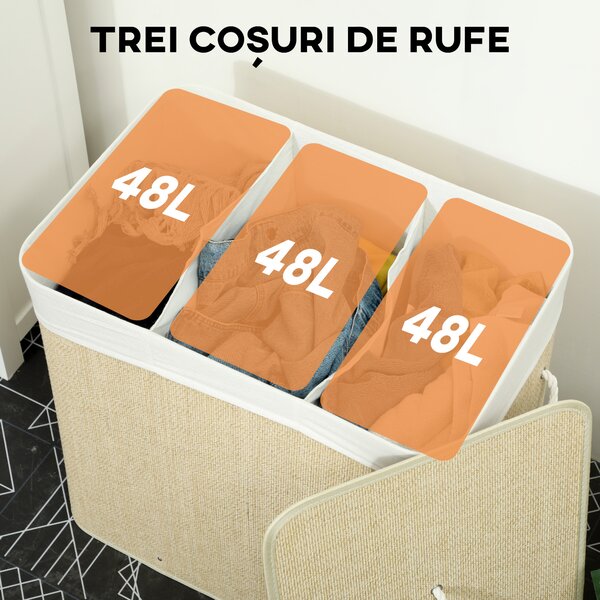 HOMCOM Coș pentru Rufe din Bambus cu Capac, 144L, 3 Compartimente, Sac Detașabil și Lavabil, Mânere, Crem | Aosom Romania