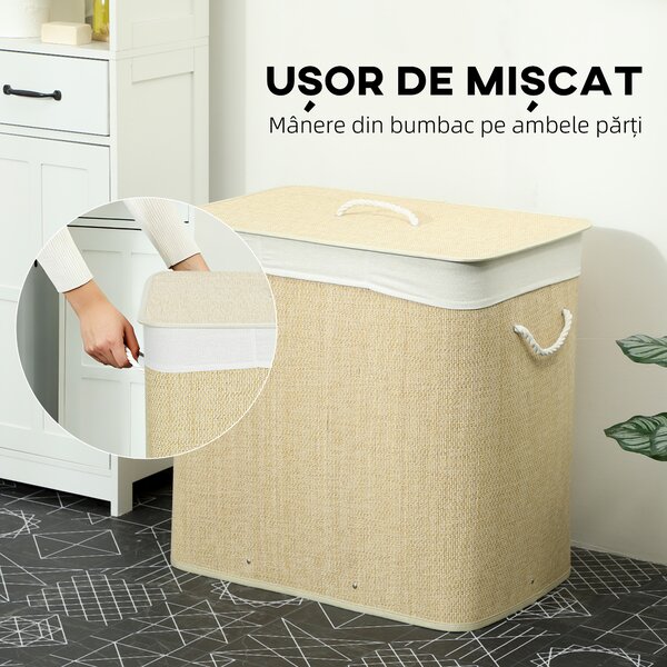 HOMCOM Coș pentru Rufe din Bambus cu Capac, 144L, 3 Compartimente, Sac Detașabil și Lavabil, Mânere, Crem | Aosom Romania