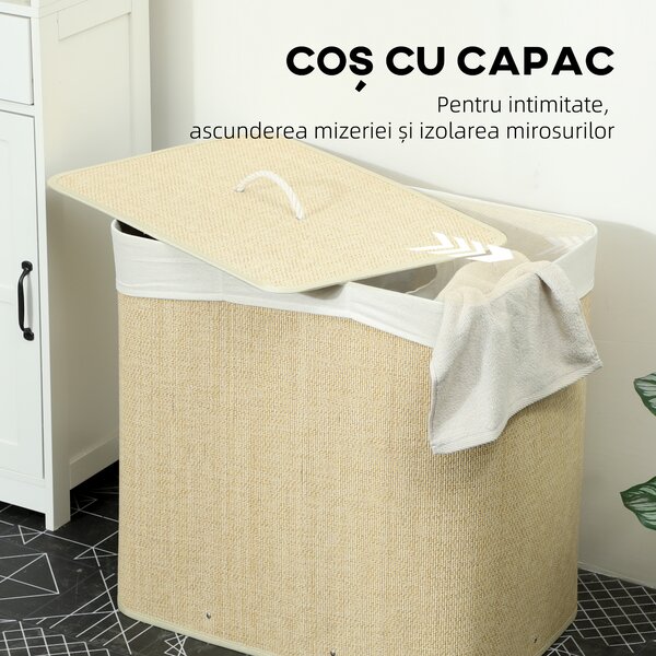 HOMCOM Coș pentru Rufe din Bambus cu Capac, 144L, 3 Compartimente, Sac Detașabil și Lavabil, Mânere, Crem | Aosom Romania