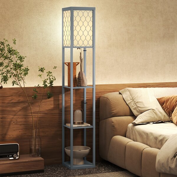 HOMCOM Lampadar Podea 2 în 1, 3 Rafturi, Economisire Spațiu, Soclu E27, 26x26x160 cm, Gri Deschis | Aosom Romania