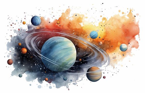Fototapet Acuarelă de planete și stele, Fototapet spațiu cosmic, Fototapet populare, w01804 - Tapeko.ro