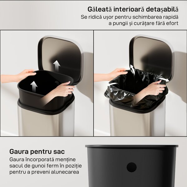 Coș de Gunoi HOMCOM de 30L cu Închidere Amortizată și Găleată Detașabilă, Pedală din Metal și PP, 29x36x59,5 cm, Argintiu | Aosom Romania