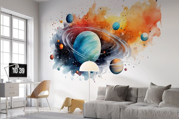 Fototapet Acuarelă de planete și stele, Fototapet spațiu cosmic, Fototapet populare, w01804 - Tapeko.ro