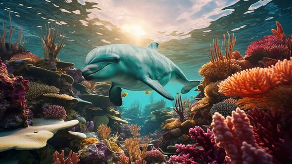 Tapet Delfin mare în lumea subacvatică în recifele de corali, Fototapet Marea, w01873 : Uwalls.ro