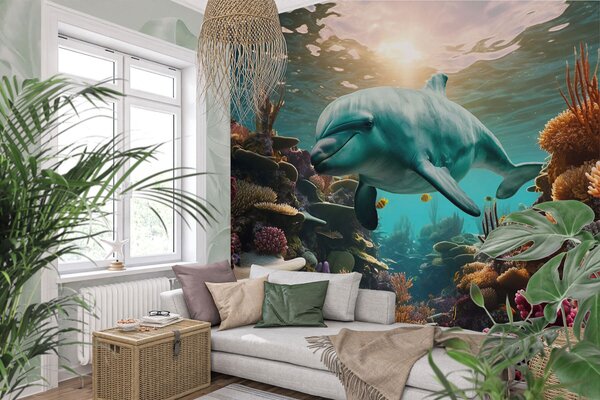 Tapet Delfin mare în lumea subacvatică în recifele de corali, Fototapet Marea, w01873 : Uwalls.ro