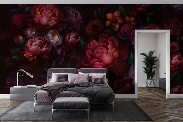Tapet Flori rafinate pe un fundal întunecat, Fototapet Flori, Fototapet Peonii, w01794 : Uwalls.ro