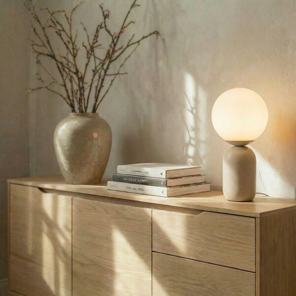 Lindby Lampă de masă Lennes, bej, sticlă, Ø 20 cm, Alb, Camera de zi / sufragerie, Sticlă, Modern