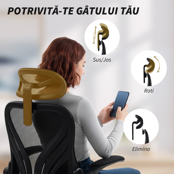 HOMCOM Scaun de Birou Ergonomic cu Brațe Rabatabile și Spătar Pliabil, Scaun de Birou cu Funcție Balansoar, Tetieră Reglabilă, Șezut Rotativ, Negru | Aosom Romania