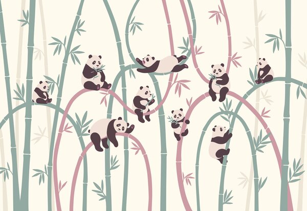 Fototapet Un grup de panda pe crengi de bambus, Fototapet animale, Fototapet populare, t00963v1 - Tapeko.ro