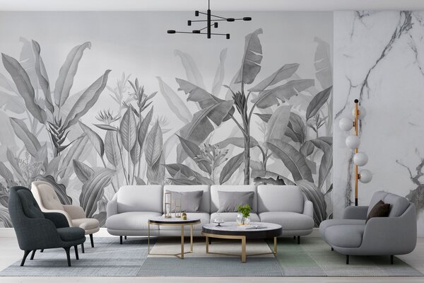 Fototapet Frunziș tropical într-o eleganță monocromă, Fototapet cu frunze 3D, Fototapet populare, w01834v3 - Tapeko.ro